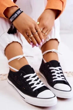 Damskie Materiałowe Trampki Ażurowe Czarne Venture