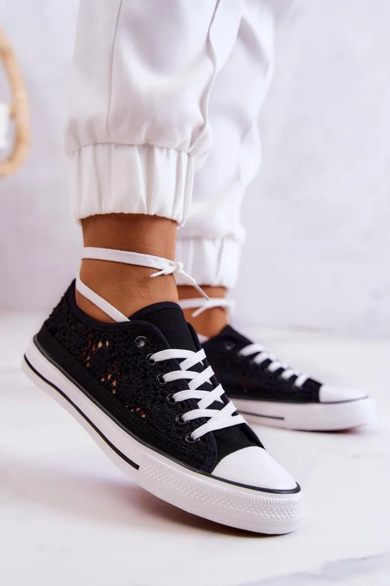 Damskie Materiałowe Trampki Ażurowe Czarne Venture