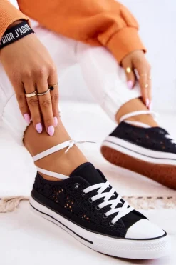 Damskie Materiałowe Trampki Ażurowe Czarne Venture