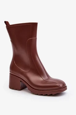 Damskie Matowe Kalosze Botki Na Obcasie Brązowe Bertaida