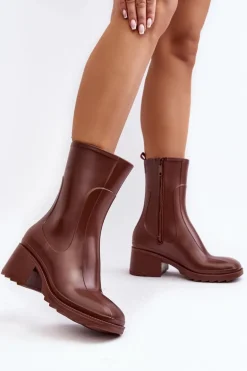 Damskie Matowe Kalosze Botki Na Obcasie Brązowe Bertaida