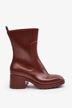 Damskie Matowe Kalosze Botki Na Obcasie Brązowe Bertaida