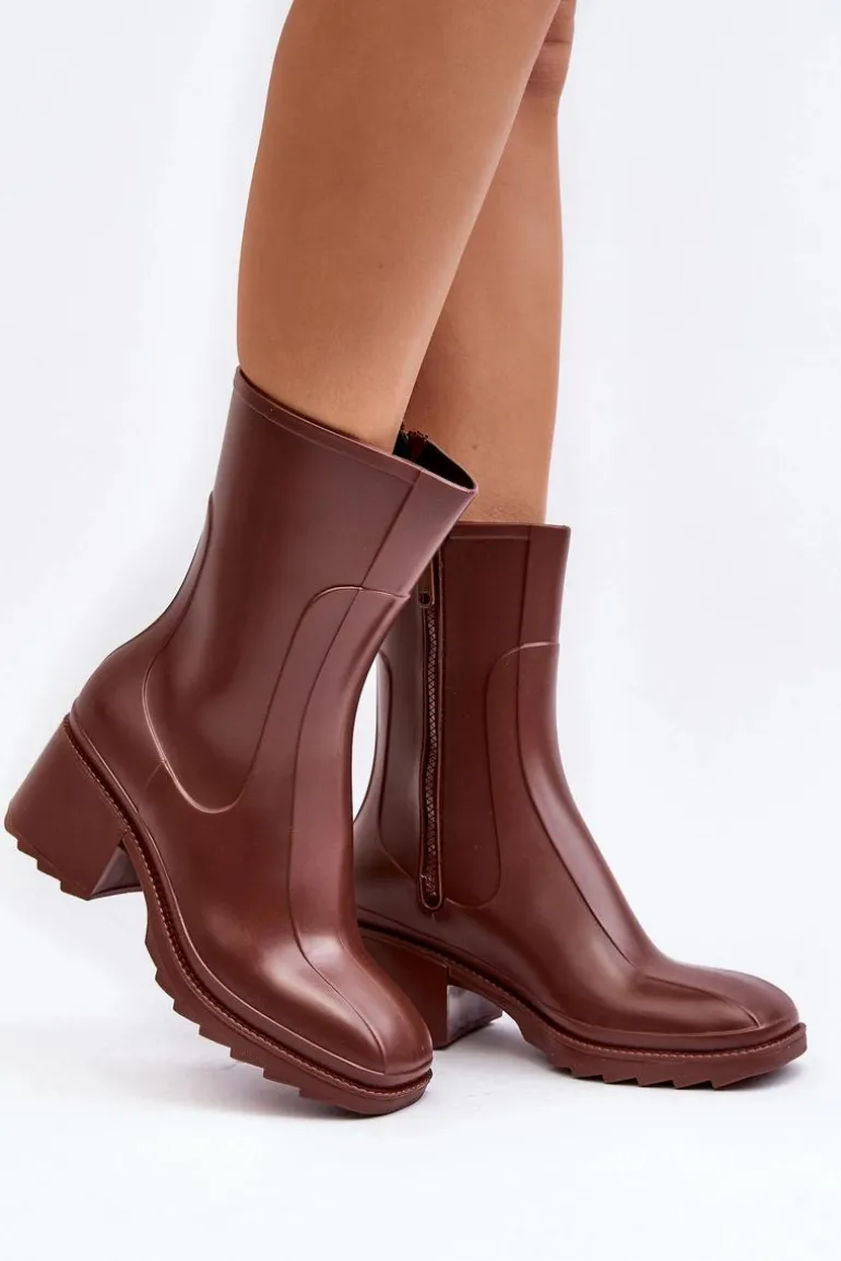 Damskie Matowe Kalosze Botki Na Obcasie Brązowe Bertaida