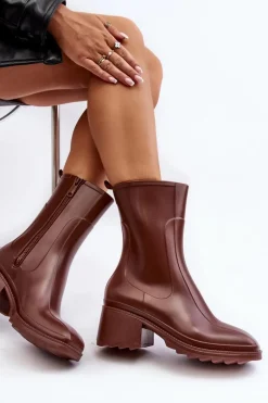 Damskie Matowe Kalosze Botki Na Obcasie Brązowe Bertaida