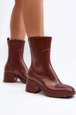 Damskie Matowe Kalosze Botki Na Obcasie Brązowe Bertaida
