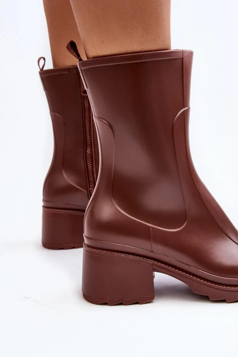 Damskie Matowe Kalosze Botki Na Obcasie Brązowe Bertaida