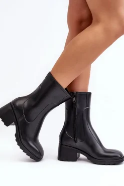 Damskie Matowe Kalosze Botki Na Obcasie Czarne Bertaida