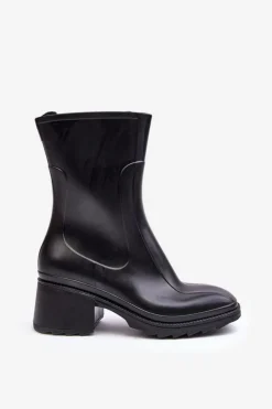 Damskie Matowe Kalosze Botki Na Obcasie Czarne Bertaida