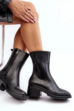 Damskie Matowe Kalosze Botki Na Obcasie Czarne Bertaida