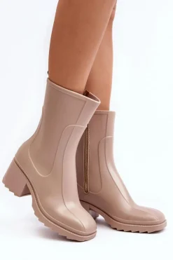 Damskie Matowe Kalosze Botki Na Obcasie Beżowe Bertaida