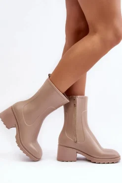 Damskie Matowe Kalosze Botki Na Obcasie Beżowe Bertaida