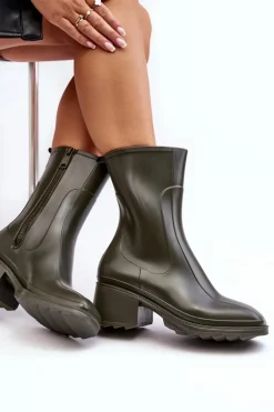 Damskie Matowe Kalosze Botki Na Obcasie Ciemnozielone Bertaida