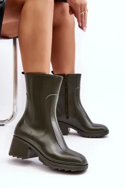 Damskie Matowe Kalosze Botki Na Obcasie Ciemnozielone Bertaida