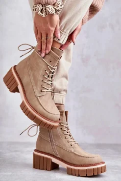 Damskie Modne Botki Ocieplane Beżowe Gerda
