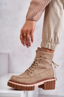 Damskie Modne Botki Ocieplane Beżowe Gerda
