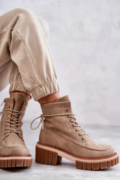 Damskie Modne Botki Ocieplane Beżowe Gerda