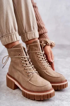 Damskie Modne Botki Ocieplane Beżowe Gerda