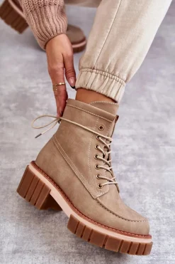 Damskie Modne Botki Ocieplane Beżowe Gerda