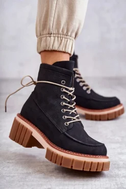 Damskie Modne Botki Ocieplane Czarne Gerda