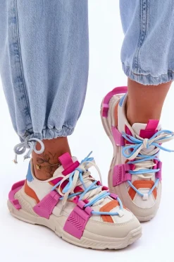 Damskie Modne Buty Sportowe Sznurowane Beżowo-Różowe Chillout!