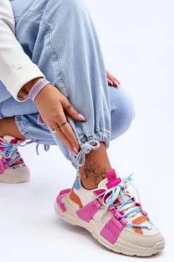 Damskie Modne Buty Sportowe Sznurowane Beżowo-Różowe Chillout!