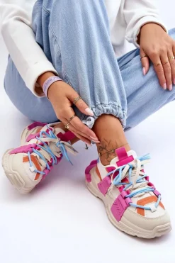 Damskie Modne Buty Sportowe Sznurowane Beżowo-Różowe Chillout!