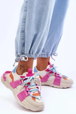 Damskie Modne Buty Sportowe Sznurowane Beżowo-Różowe Chillout!