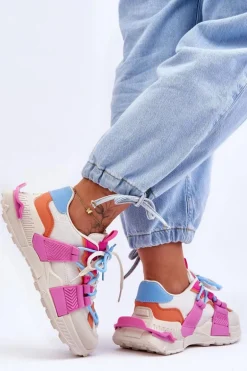 Damskie Modne Buty Sportowe Sznurowane Beżowo-Różowe Chillout!