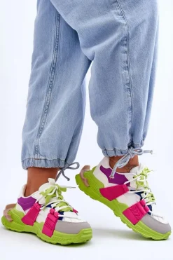 Damskie Modne Buty Sportowe Sznurowane Zielono-Różowe Chillout!