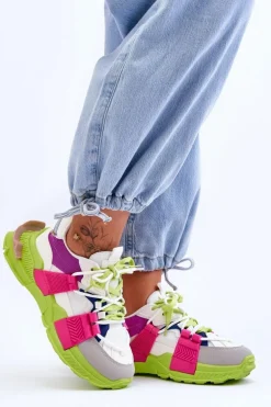 Damskie Modne Buty Sportowe Sznurowane Zielono-Różowe Chillout!