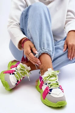 Damskie Modne Buty Sportowe Sznurowane Zielono-Różowe Chillout!