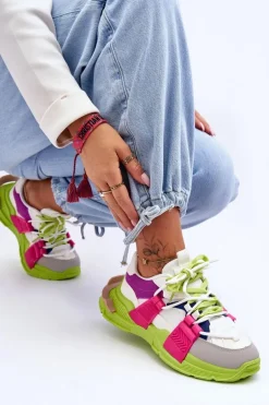 Damskie Modne Buty Sportowe Sznurowane Zielono-Różowe Chillout!