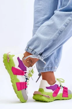 Damskie Modne Buty Sportowe Sznurowane Zielono-Różowe Chillout!