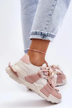 Damskie Modne Buty Sportowe Sznurowane Beżowo-Różowe Chillout!