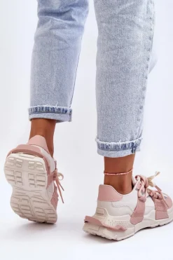 Damskie Modne Buty Sportowe Sznurowane Beżowo-Różowe Chillout!