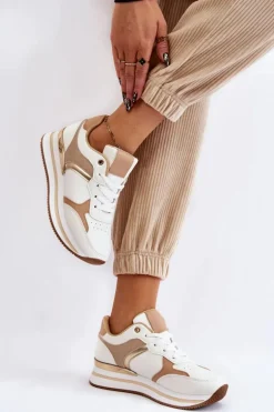 Damskie Modne Buty Sportowe Na Koturnie Biało-Beżowe Yuki