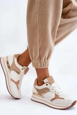 Damskie Modne Buty Sportowe Na Koturnie Biało-Beżowe Yuki