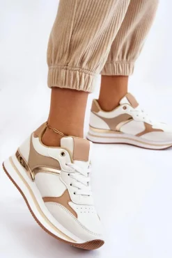 Damskie Modne Buty Sportowe Na Koturnie Biało-Beżowe Yuki