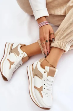 Damskie Modne Buty Sportowe Na Koturnie Biało-Beżowe Yuki