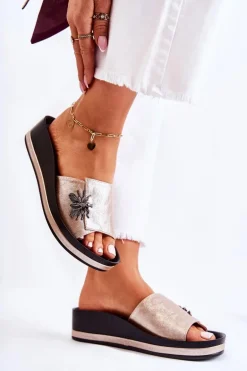 Damskie Modne Klapki Z Ozdobą Złote Holle