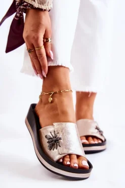 Damskie Modne Klapki Z Ozdobą Złote Holle