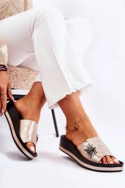 Damskie Modne Klapki Z Ozdobą Złote Holle