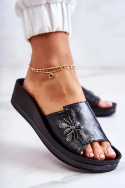 Damskie Modne Klapki Z Ozdobą Czarne Holle