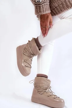 Damskie Modne Śniegowce Sznurowane Beżowe Carrios