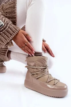 Damskie Modne Śniegowce Sznurowane Beżowe Carrios