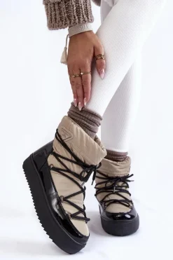 Damskie Modne Śniegowce Sznurowane Beżowo-Czarne Carrios