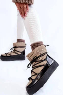 Damskie Modne Śniegowce Sznurowane Beżowo-Czarne Carrios