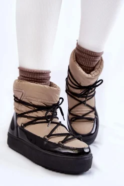 Damskie Modne Śniegowce Sznurowane Beżowo-Czarne Carrios