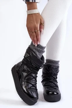Damskie Modne Śniegowce Sznurowane Czarne Carrios
