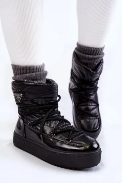 Damskie Modne Śniegowce Sznurowane Czarne Carrios